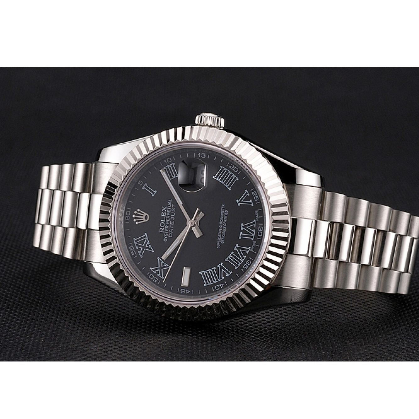Aaa replica watch Numerals And Black Datejust Rolex Bracelet Steel Case Swiss Stainless Roman Dial 0819